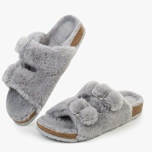 Fitory Cozy Gray Faux Fur Cork Slide Slippers